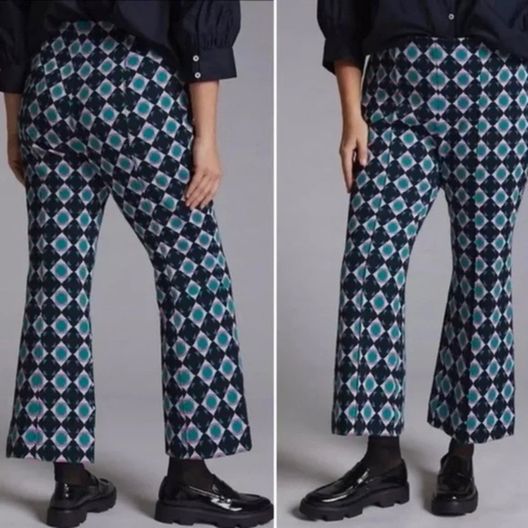 Maeve by Anthropologie The Margot Kick Flare Cropped Pants Stretch Geometric - Picture 2 of 14
